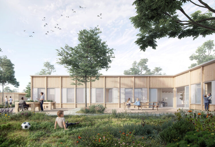 Außenperspektive des inklusiven Neubaus einer Wohnstätte für behinderte Kinder in Altlandsberg von ZOOMARCHITEKTEN Berlin
