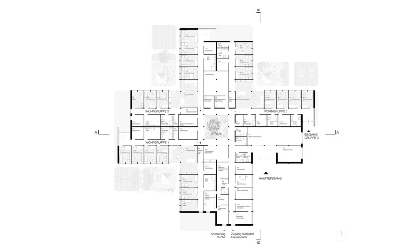Grundriss des inklusiven Neubaus einer Wohnstätte für behinderte Kinder in Altlandsberg von ZOOMARCHITEKTEN Berlin