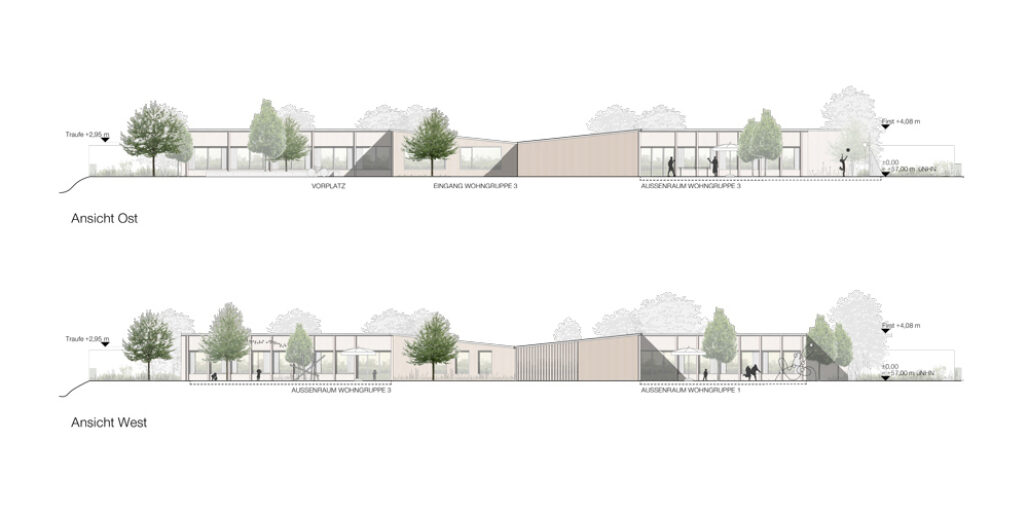 Ansichten des inklusiven Neubaus einer Wohnstätte für behinderte Kinder in Altlandsberg von ZOOMARCHITEKTEN Berlin