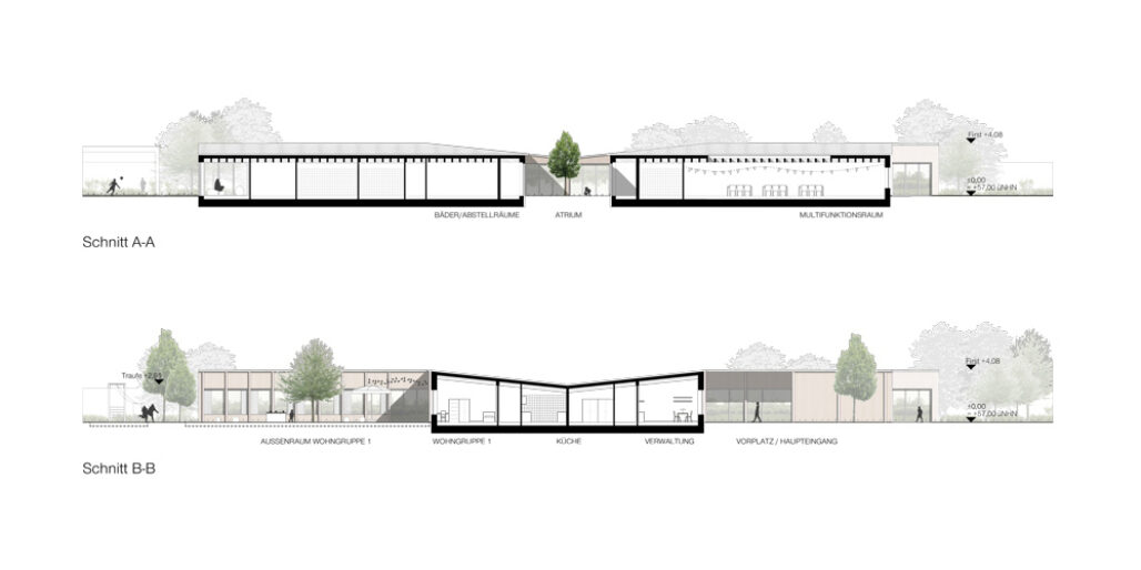 Schnitte des inklusiven Neubaus einer Wohnstätte für behinderte Kinder in Altlandsberg von ZOOMARCHITEKTEN Berlin